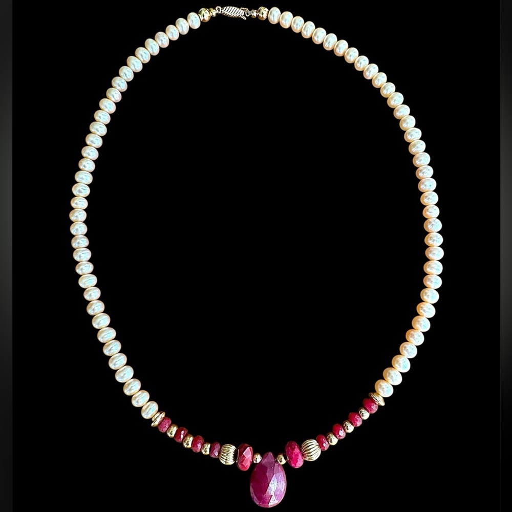 14k Gold Filled Lab Ruby Champagne Freshwater Pearl Necklace